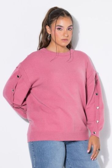 Picture of Pulover dugih rukava širokog kroja s ukrasnim gumbima u obliku srca - pink tamna